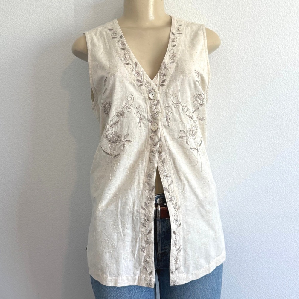 90s Vintage Erika & Co Embroidered Sleeveless Top Cottagecore Linen Blend Vest S